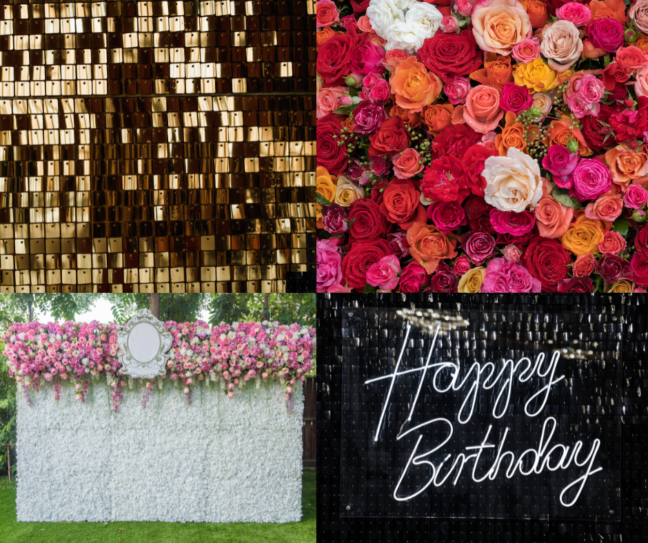 Flower Wall en Shimmer Wall als achtergrond voor een bruiloft, feest of evenement, beide luxe decoraties die perfect dienen voor foto's, met een romantische bloemrijke uitstraling en glamoureuze glinsterende panelen